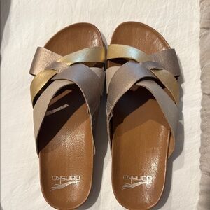 Dansko Gold and Tan Sandals with Cross-Strap Design